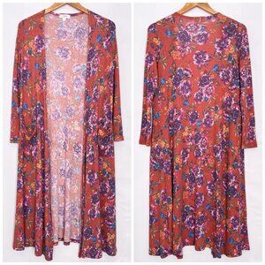 LuLaRoe Sarah Cardigan Duster Longline All Over Floral Size Small Red Orange